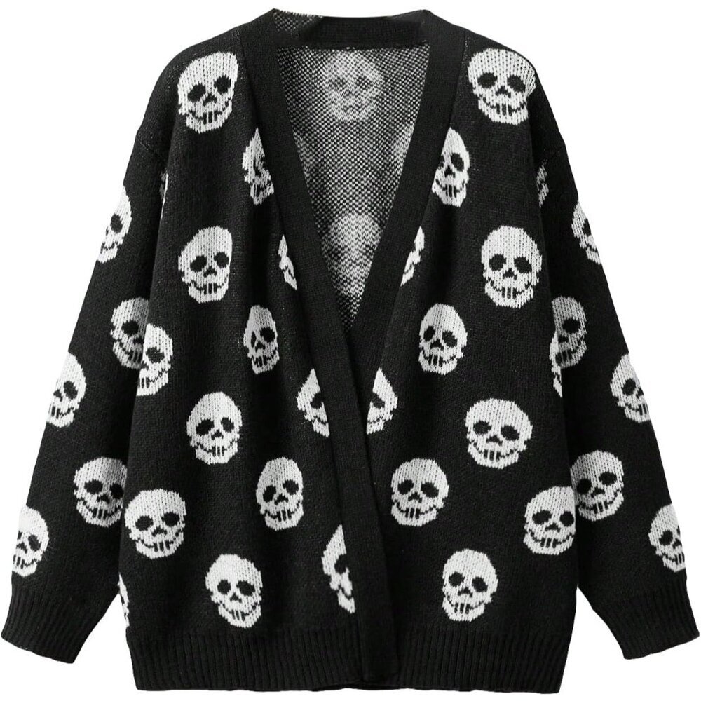 Plus Size Halloween Skeleton Skull Cardigan Open Front Sweater Long Sleeve